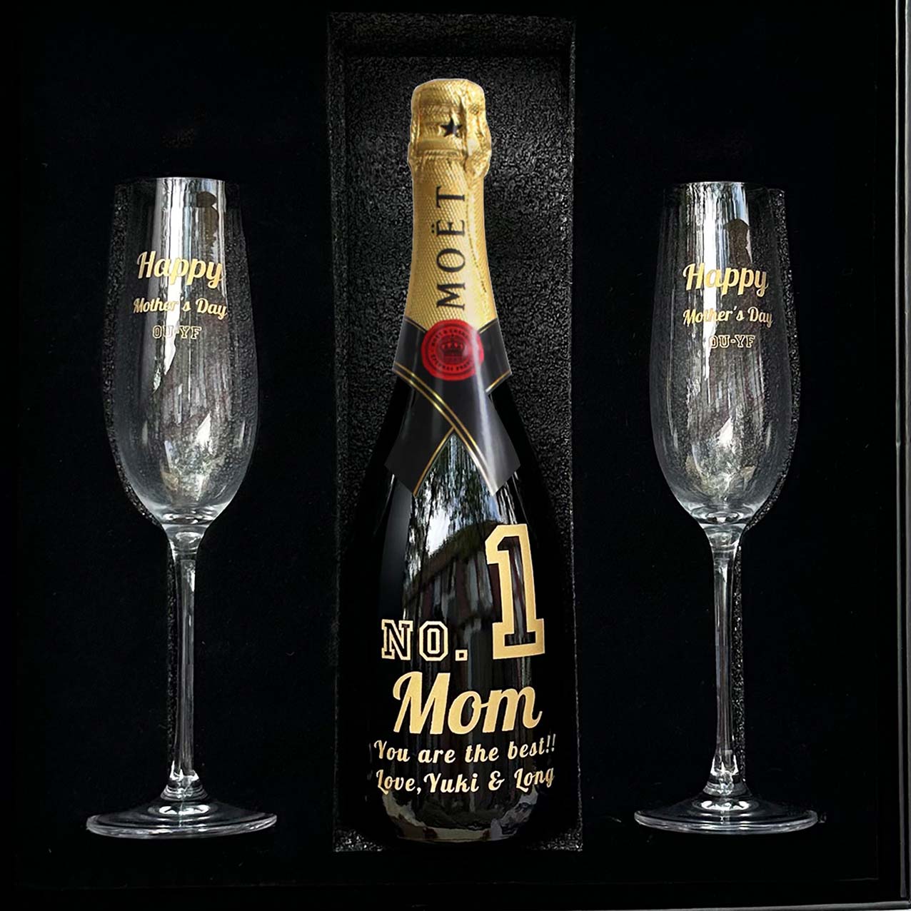 母親節禮盒|客製化禮物  Moet香檳酒 文字訂製 香檳對杯  雕刻祝福送給媽媽的禮物 浪漫儀式感慶祝母親節 - Design Your Own Wine