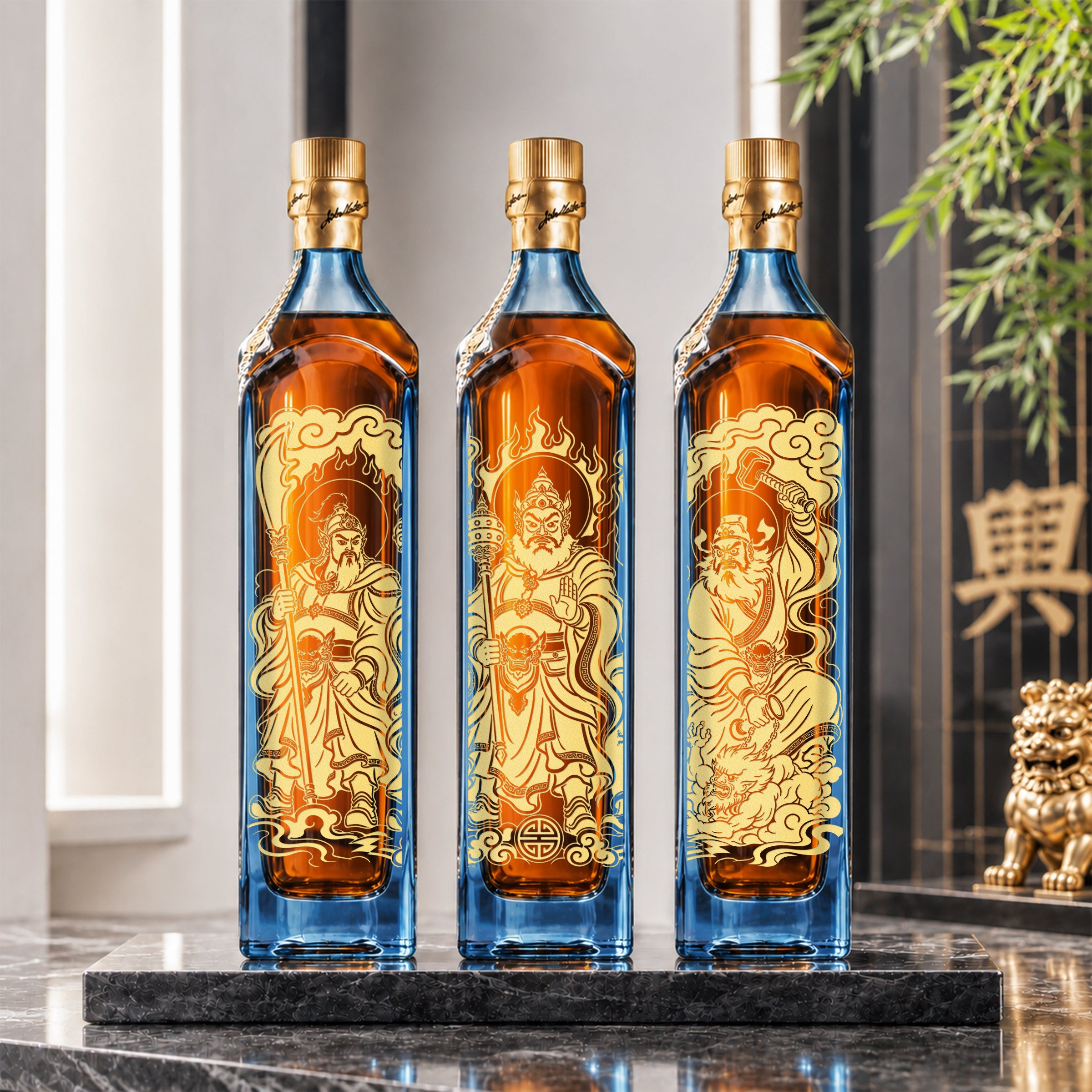 Johnnie Walker blue label｜門神雕刻威士忌 一套三瓶 新居入伙・開舖遷居 鎮宅辟邪賀禮 喬遷送禮首選