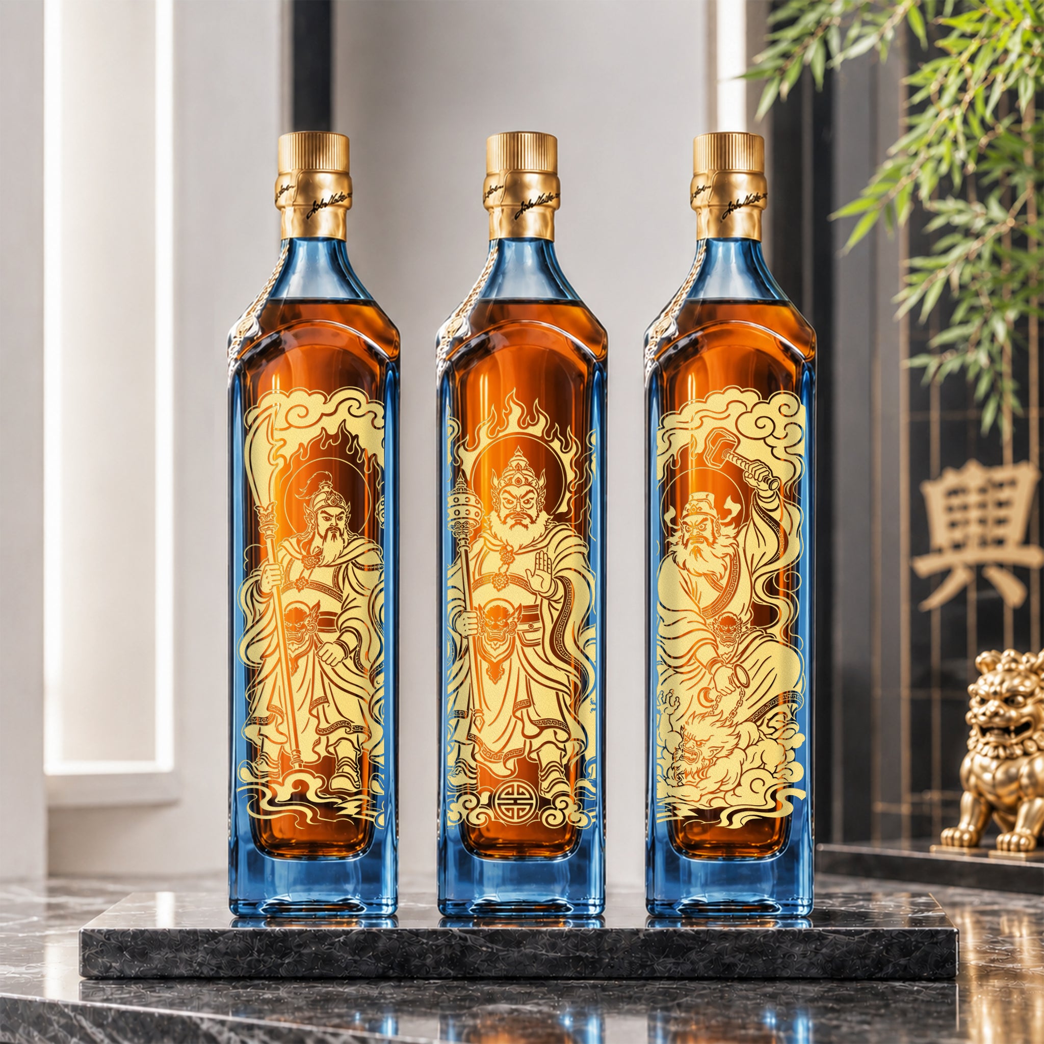 Johnnie Walker blue label｜門神雕刻威士忌 一套三瓶 新居入伙・開舖遷居 鎮宅辟邪賀禮 喬遷送禮首選