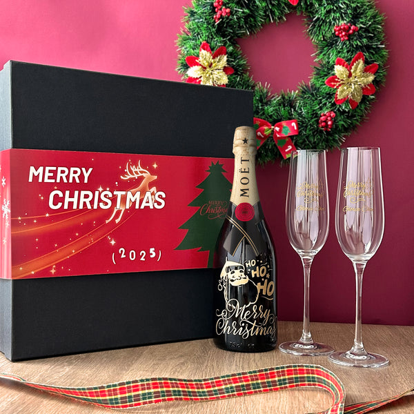 【香檳禮盒】2025聖誕香檳禮盒 Moët &Chandon香檳酒加對杯套裝 客製化香檳杯文字雕刻  聖誕節慶祝禮物 姓名訂製雕刻送禮情侶禮物Christmas Champagne Set 2024 DY05-55