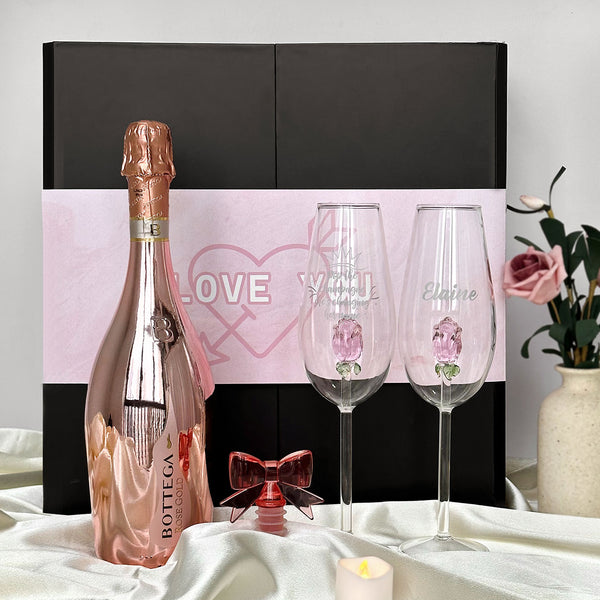 Bottega Manzoni Moscato Rose立體玫瑰花香檳杯禮盒情侶週年紀念禮物浪漫慶祝送姐妹-DY01-367