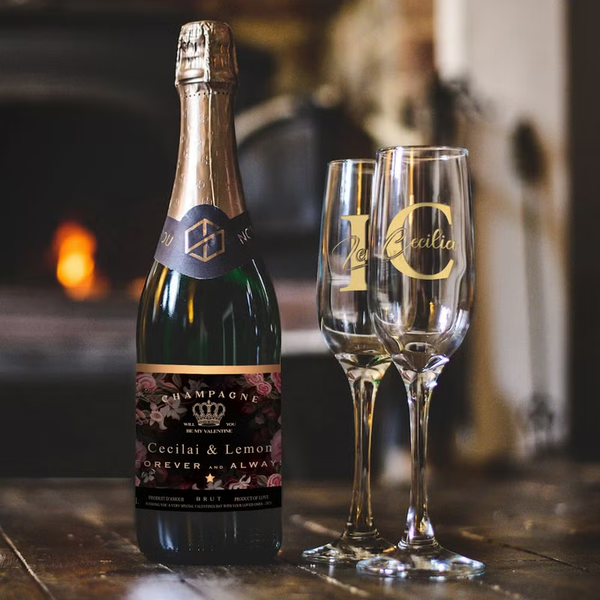 客製酒標貼紙禮物 無酒精香檳單支雙杯套裝 |情侶禮物 結婚週年紀念日禮物 - Design Your Own Wine