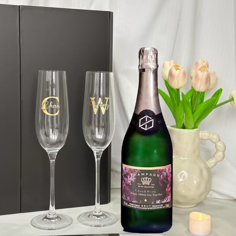 客製酒標貼紙禮物 無酒精香檳單支雙杯套裝 |情侶禮物 結婚週年紀念日禮物 - Design Your Own Wine