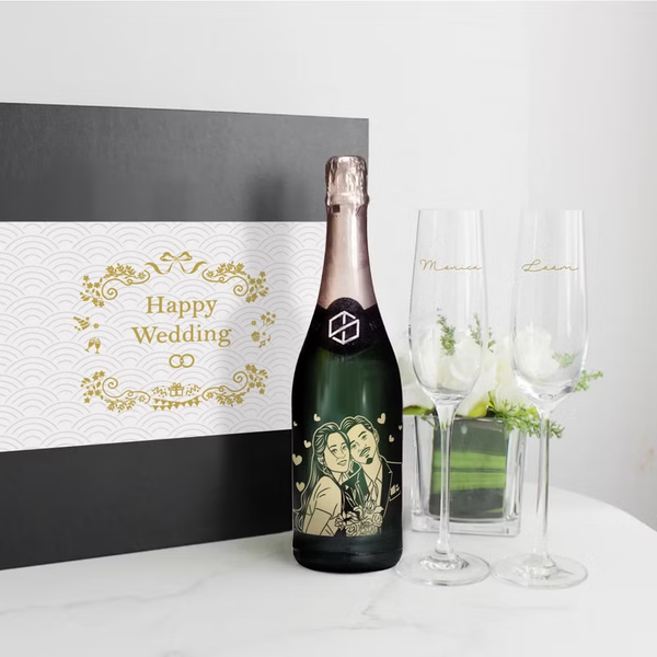 情侶禮物 新婚禮物結婚週年紀念日禮物 |客製人像名字無酒精香檳單支雙杯 - Design Your Own Wine
