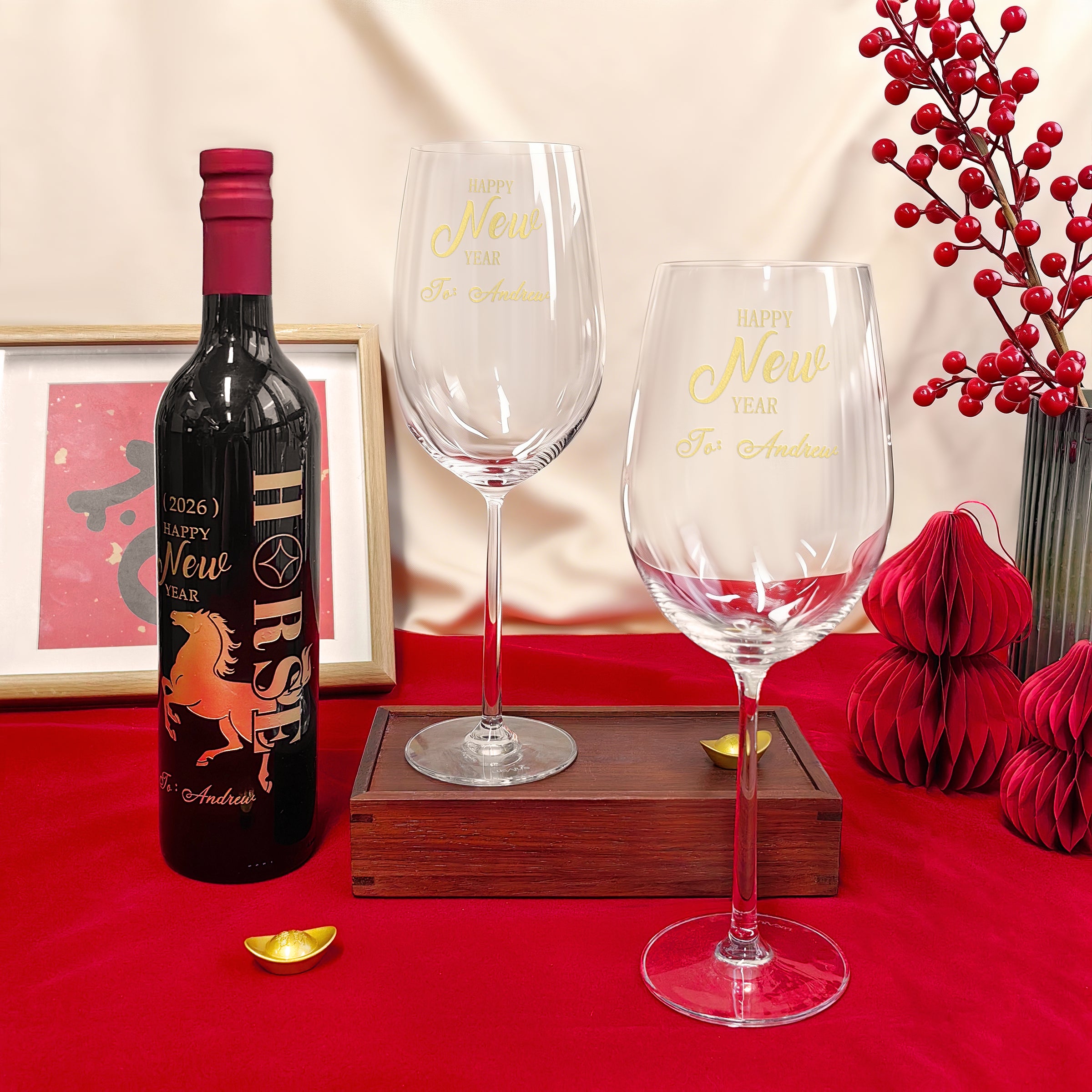 【馬年新年雕刻】2026春節紅酒禮盒 西班牙紅酒加對杯套裝 客製化紅酒杯文字雕刻  新春慶祝禮物 訂製雕刻送禮企業送禮