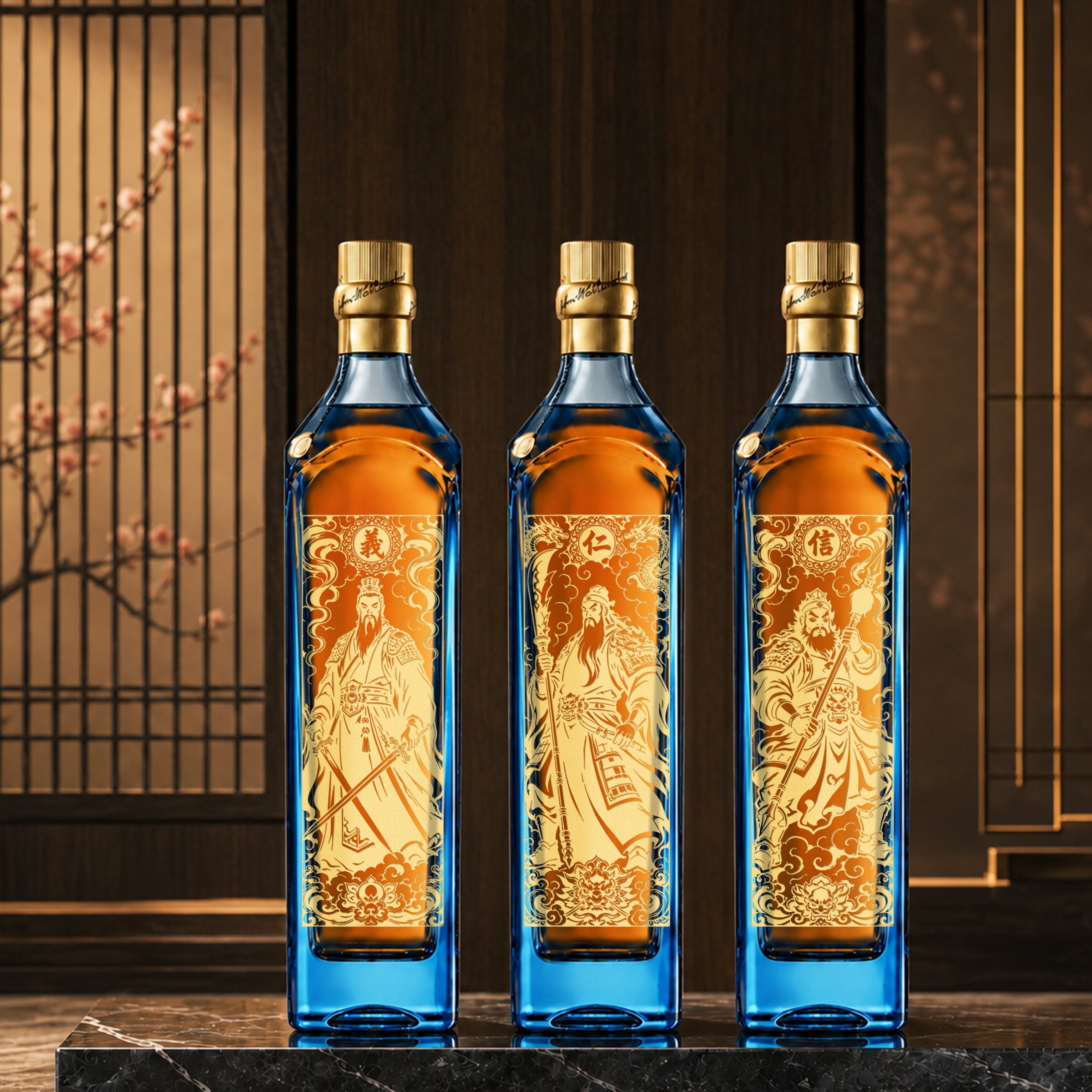 【桃園三結義】Johnnie Walker 藍標雕刻威士忌 一套三瓶｜劉備・關羽・張飛 兄弟情義/創業合夥/團隊誌慶