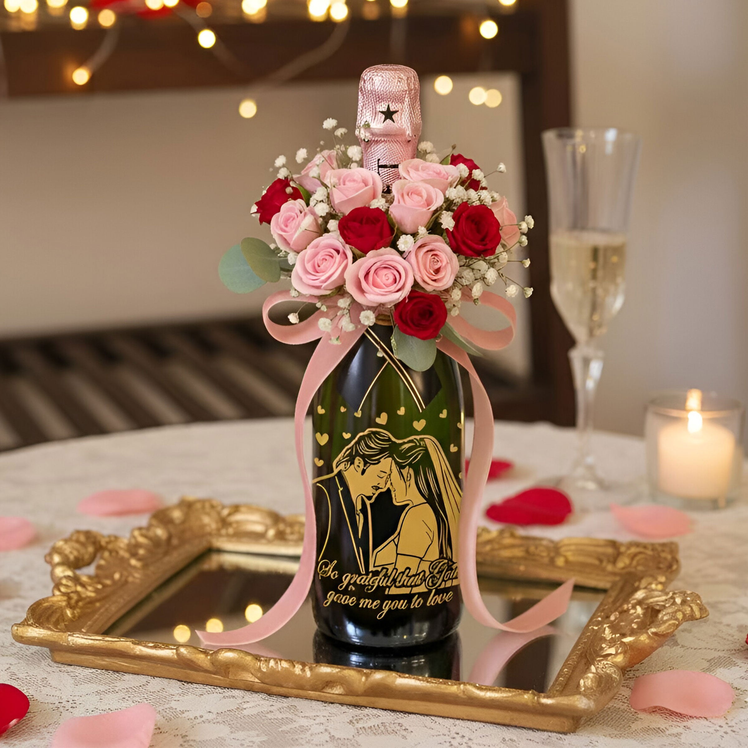 情人節禮盒| 玫瑰花酒 手捧花 客製化香檳酒鮮花禮物 情人節鮮花禮物 浪漫微醺氛圍 送老婆送女朋友 750ml