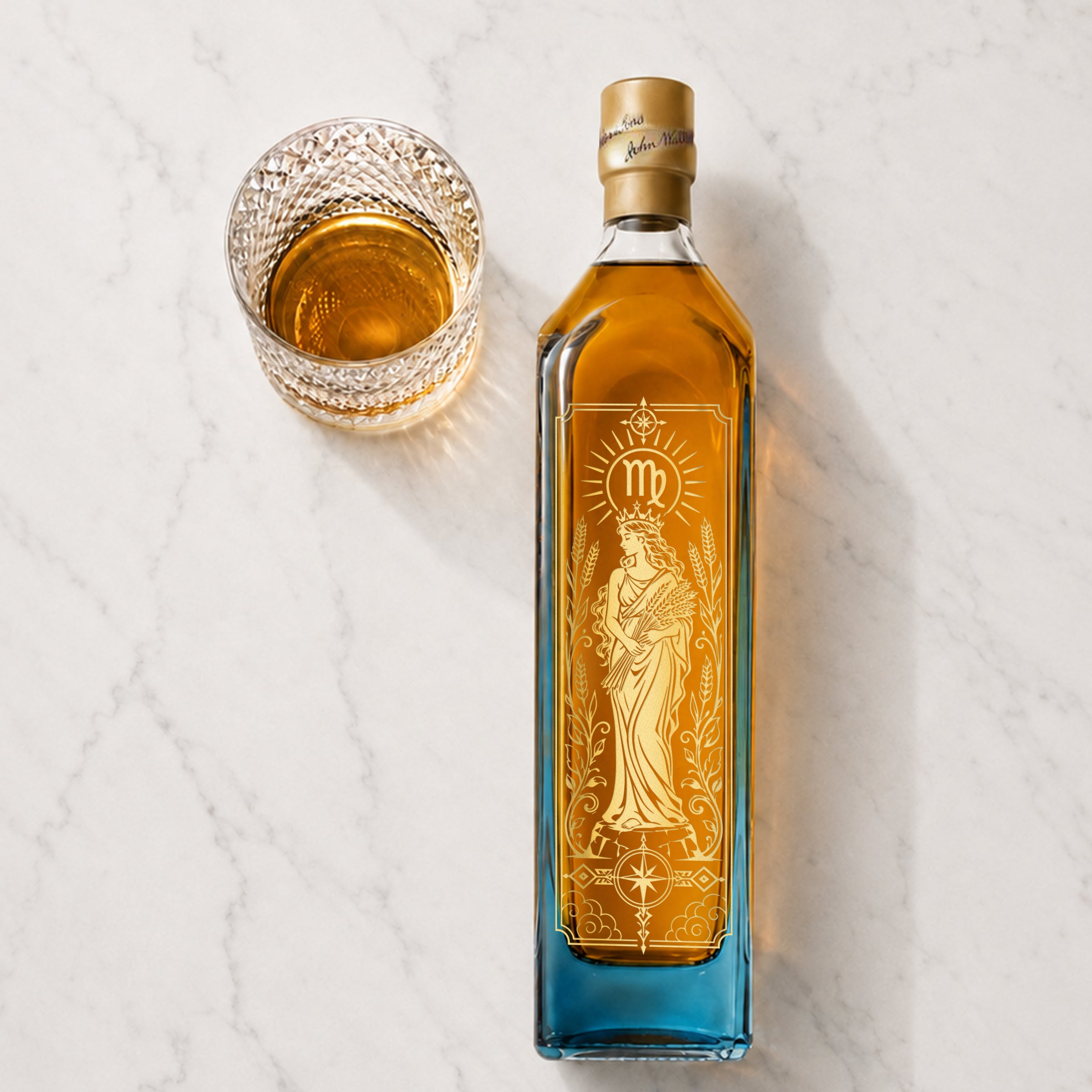 【十二星座・處女座】Johnnie Walker 藍標星座雕刻威士忌｜8.23–9.22 生日禮物首選 麥穗女神金雕 免費刻名字/日期 禮盒裝