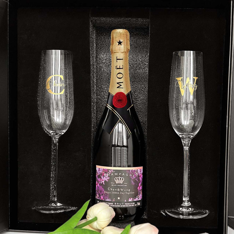 酒標訂製｜Moët &Chandon香檳酒加對杯禮盒 香檳杯文字雕刻  紀念日祝賀結婚慶祝禮物 生日送禮必備 送女友情侶禮物DY01-365