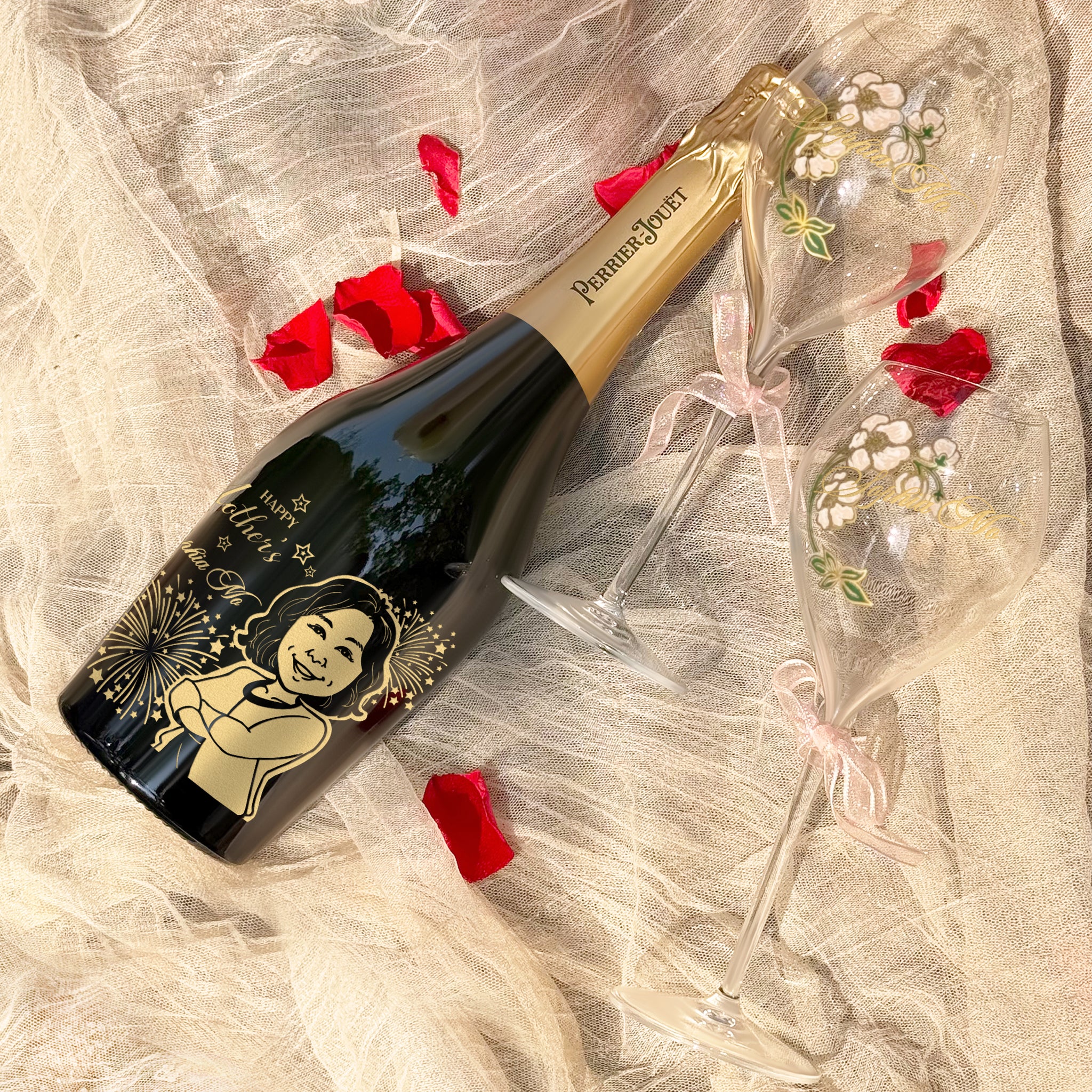 母親節香檳禮籃Perrier-Jouët 香檳客製化人像 訂製文字 永生花禮籃 專屬浪漫禮物感謝母愛 創意驚喜禮物送媽媽婆婆送老婆訂製藤籃禮物 Preserved Flowers Gift Basket DY05-63 - Design Your Own Wine