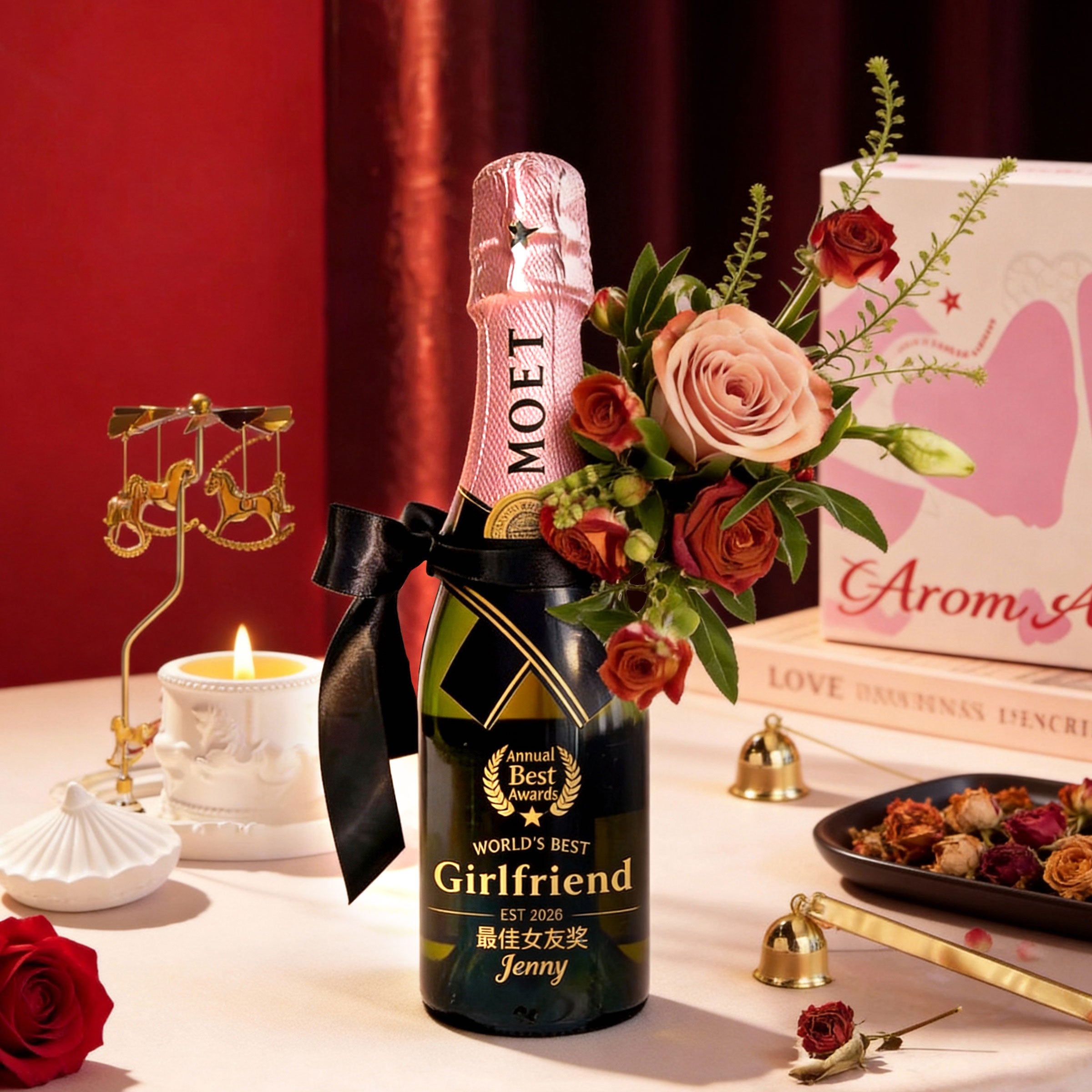 情人節禮盒| 玫瑰花酒mini款 手捧花 客製化香檳酒鮮花禮物 情人節鮮花禮物 浪漫微醺氛圍 送老婆送女朋友
