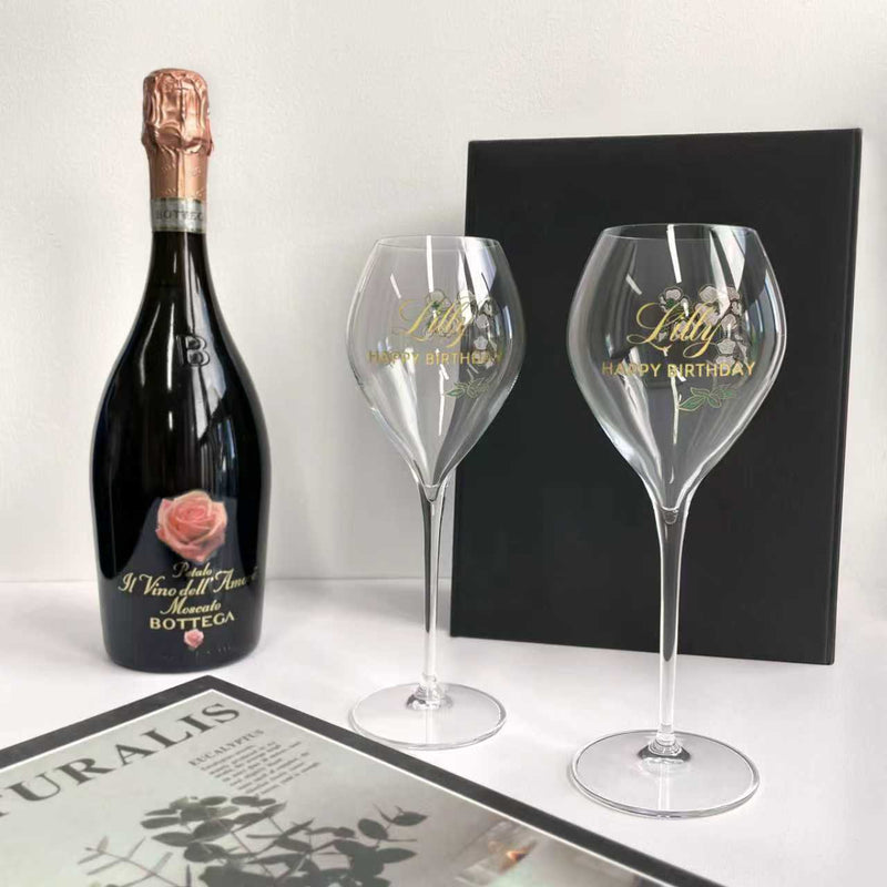 精緻銀蓮花香檳高腳杯禮物丨巴黎之花原裝杯 祝福文字訂製與人像畫稿訂製 客製化禮物生日禮物 祝賀禮物 刻字高腳杯禮盒 專屬訂製有情調禮物 送男友 送朋友創意禮物Birthday gift customized with words and portrait gift box DY01-419 - Design Your Own Wine