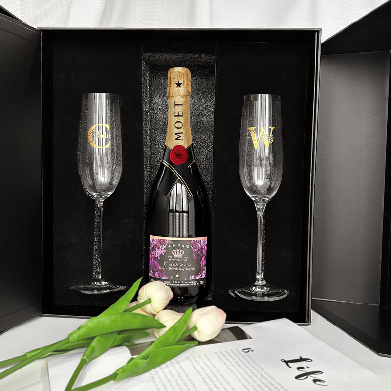 酒標訂製｜Moët &Chandon香檳酒加對杯禮盒 香檳杯文字雕刻  紀念日祝賀結婚慶祝禮物 生日送禮必備 送女友情侶禮物 - Design Your Own Wine