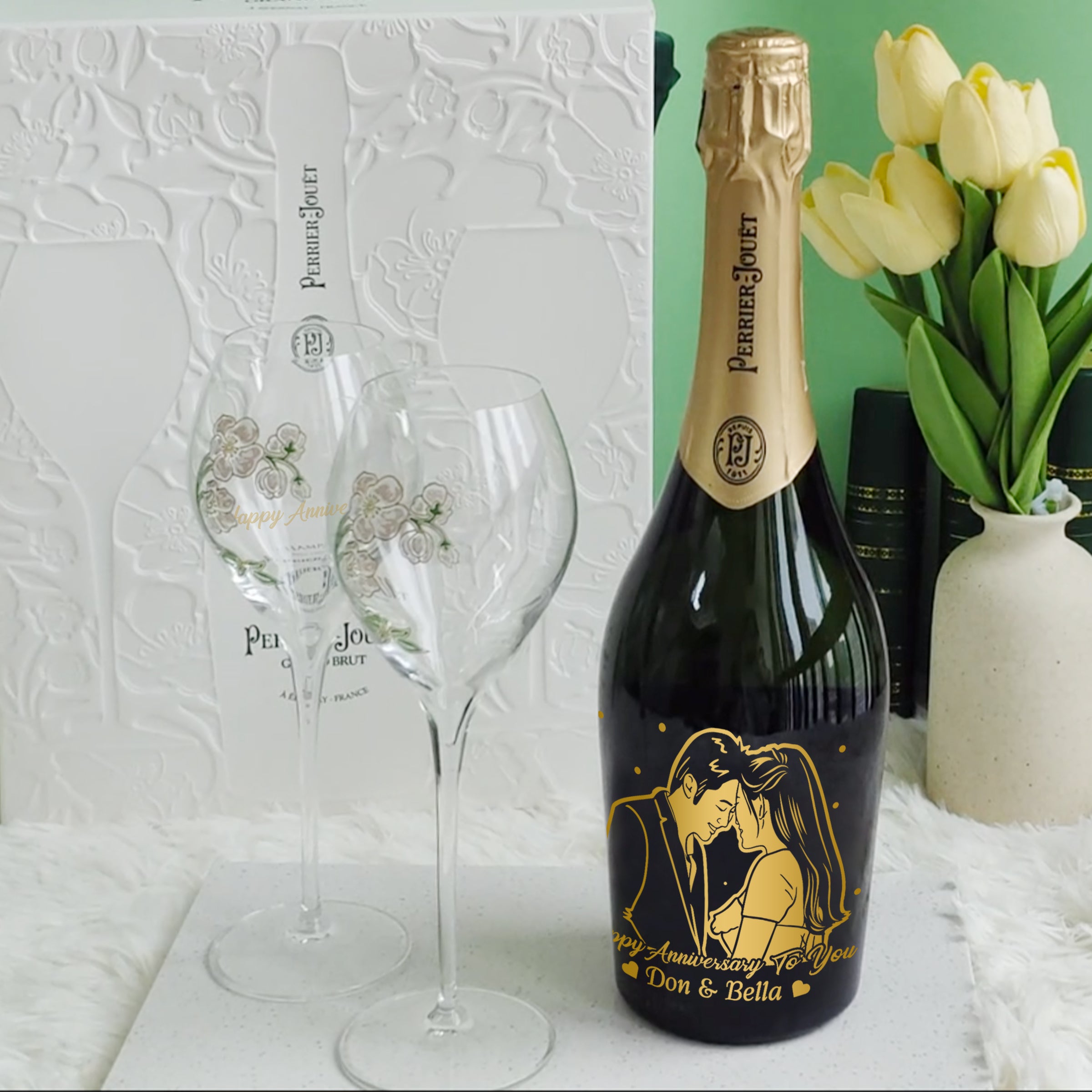 【客製化禮物】 Perrier-Jouët Grand Brut套裝 週年紀念禮物 情侶禮物 （人像雕刻） - Design Your Own Wine