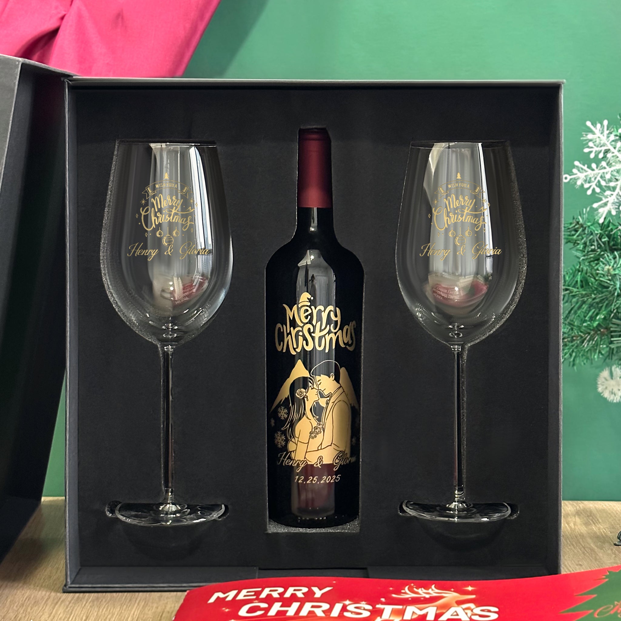 【人像雕刻】2025聖誕紅酒禮盒 法國紅酒加對杯套裝 客製化紅酒杯文字雕刻  聖誕節慶祝禮物 人像訂製雕刻送禮情侶禮物Customized Christmas wine set DY05-55