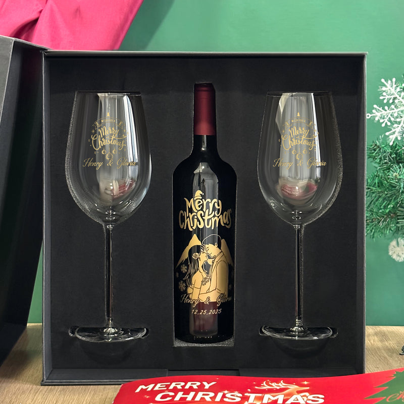【人像雕刻】2025聖誕紅酒禮盒 法國紅酒加對杯套裝 客製化紅酒杯文字雕刻  聖誕節慶祝禮物 人像訂製雕刻送禮情侶禮物Customized Christmas wine set DY05-55