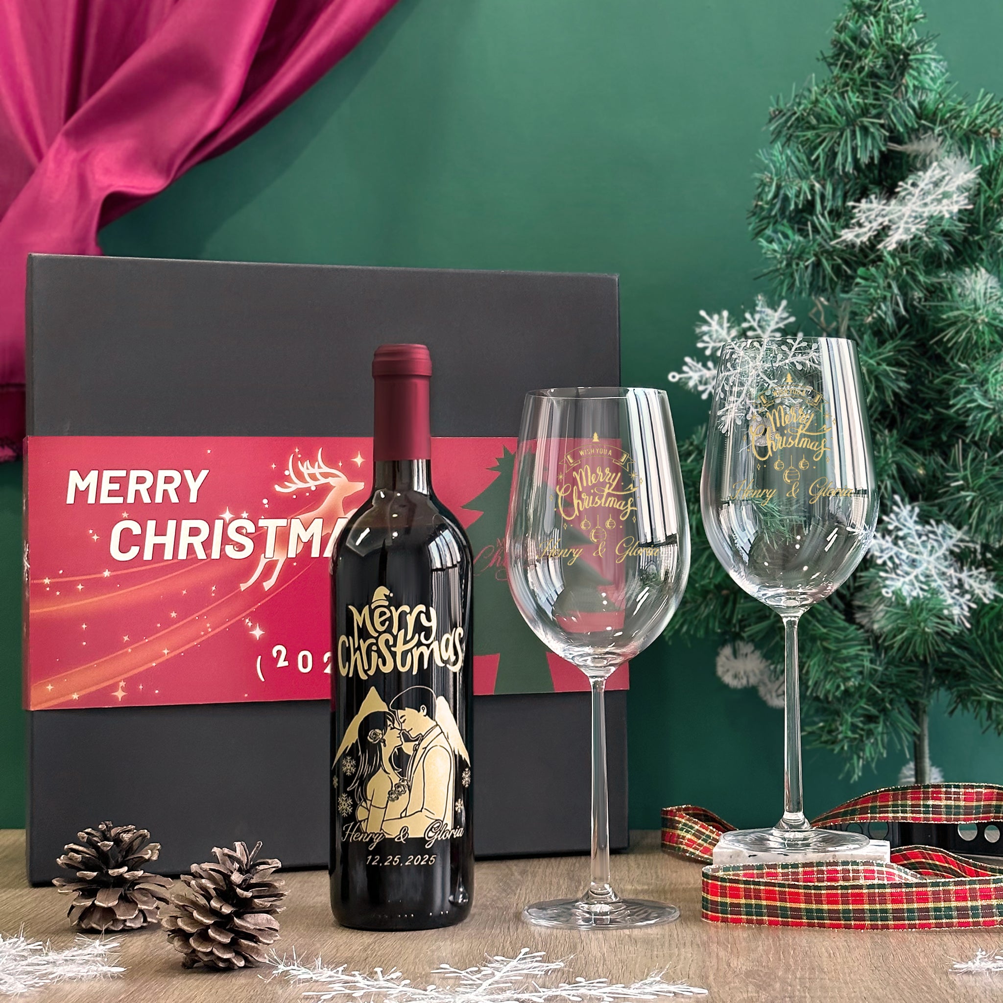 【人像雕刻】2025聖誕紅酒禮盒 法國紅酒加對杯套裝 客製化紅酒杯文字雕刻  聖誕節慶祝禮物 人像訂製雕刻送禮情侶禮物Customized Christmas wine set DY05-55