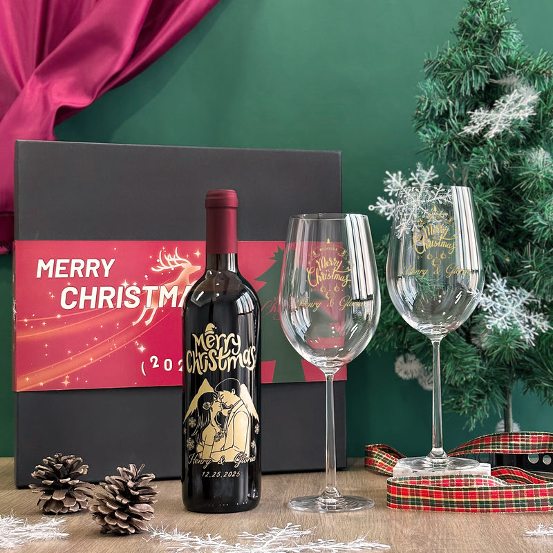 【人像雕刻】2025聖誕紅酒禮盒 法國紅酒加對杯套裝 客製化紅酒杯文字雕刻  聖誕節慶祝禮物 人像訂製雕刻送禮情侶禮物Customized Christmas wine set DY05-55