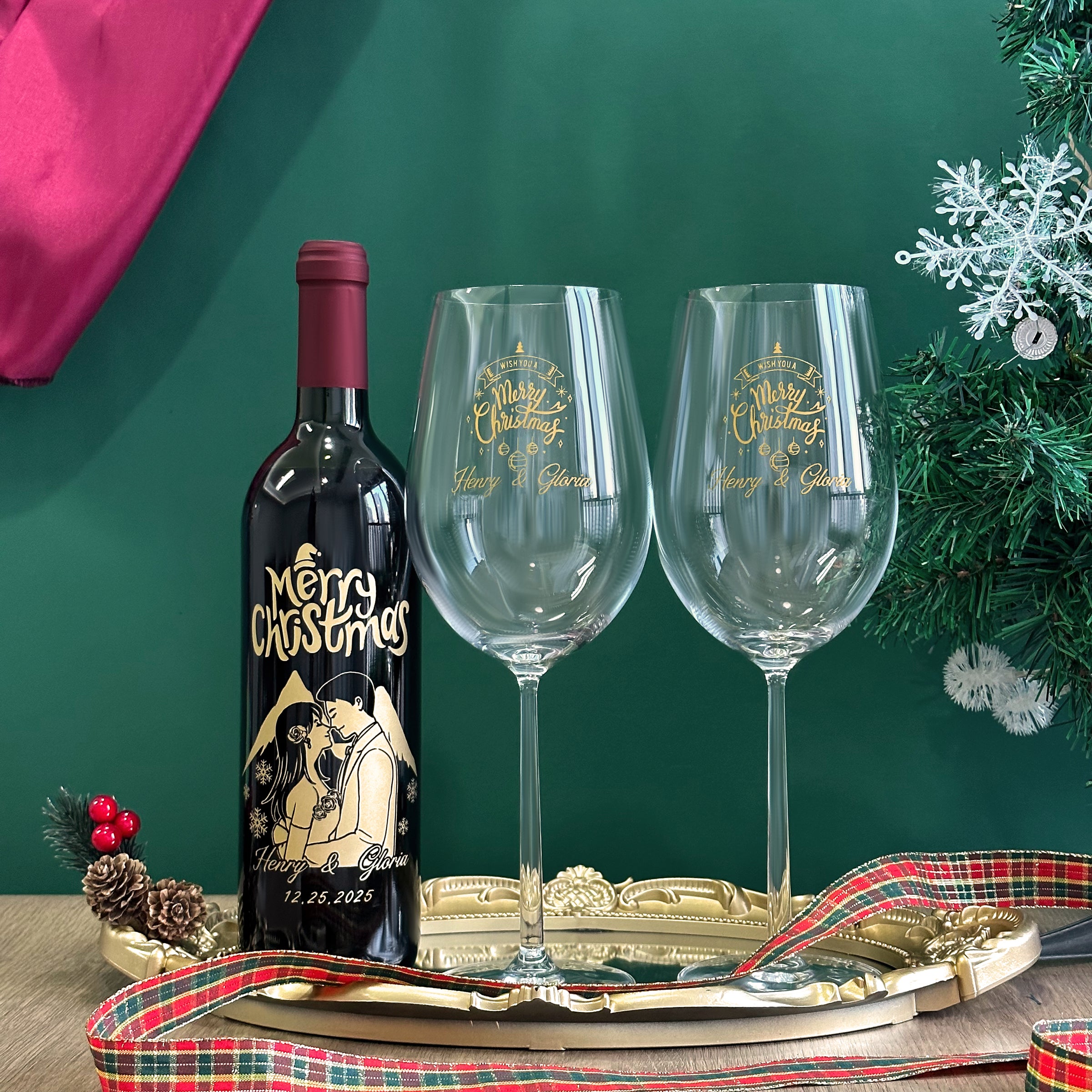 【人像雕刻】2025聖誕紅酒禮盒 法國紅酒加對杯套裝 客製化紅酒杯文字雕刻  聖誕節慶祝禮物 人像訂製雕刻送禮情侶禮物Customized Christmas wine set DY05-55