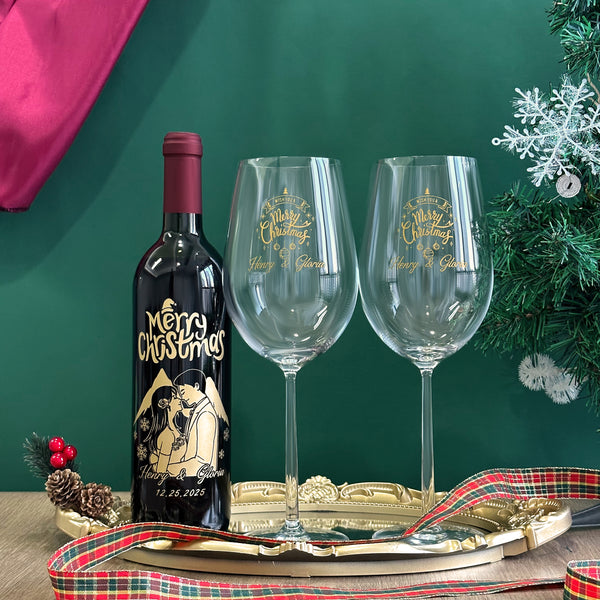 【人像雕刻】2025聖誕紅酒禮盒 法國紅酒加對杯套裝 客製化紅酒杯文字雕刻  聖誕節慶祝禮物 人像訂製雕刻送禮情侶禮物Customized Christmas wine set DY05-55