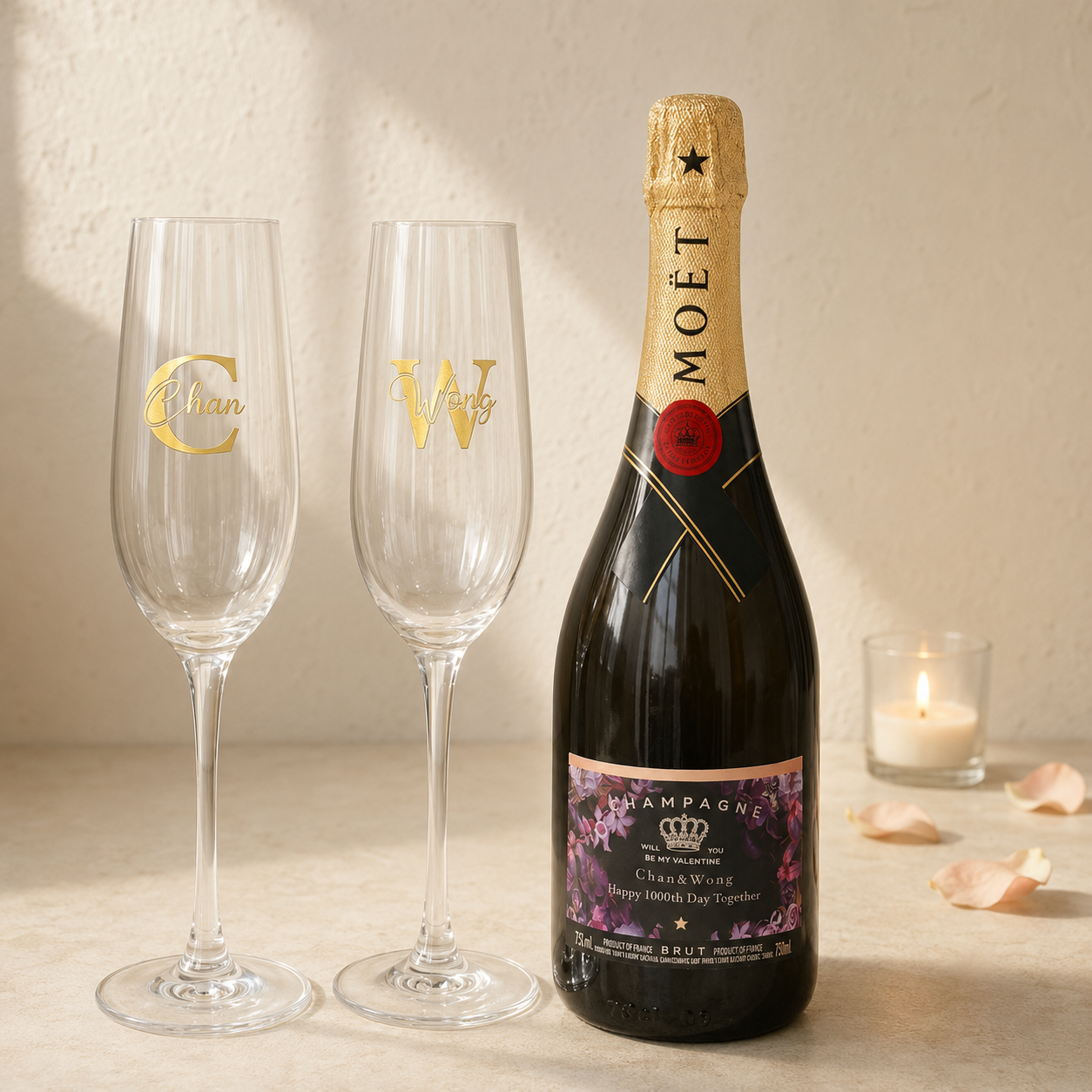 酒標訂製｜Moët &Chandon香檳酒加對杯禮盒 香檳杯文字雕刻  紀念日祝賀結婚慶祝禮物 生日送禮必備 送女友情侶禮物DY01-365