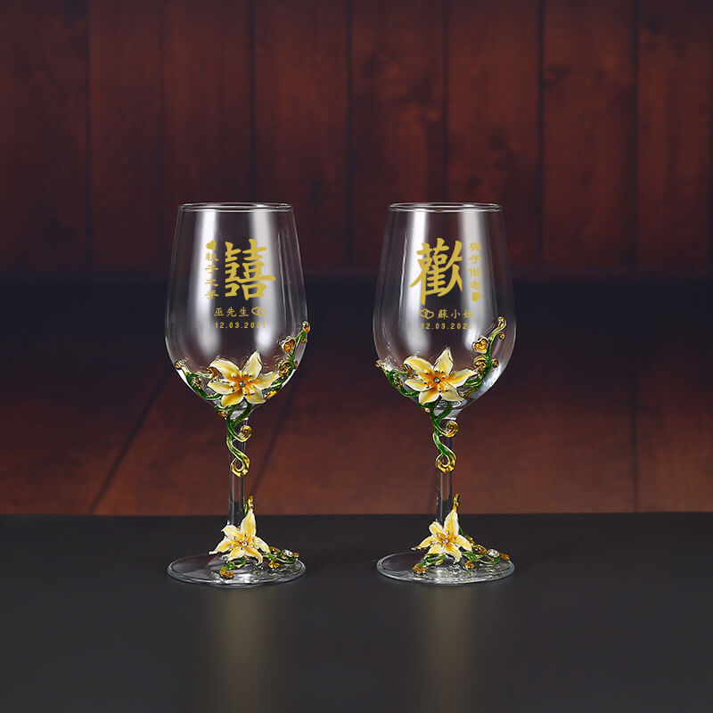 【Metal Base Wine Glasses】水晶琺瑯彩紅酒杯（客製化禮物）雕刻禮物 客製化 - Design Your Own Wine