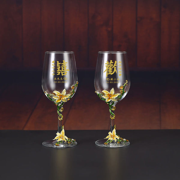 【Metal Base Wine Glasses】水晶琺瑯彩紅酒杯（客製化禮物）雕刻禮物 客製化 - Design Your Own Wine