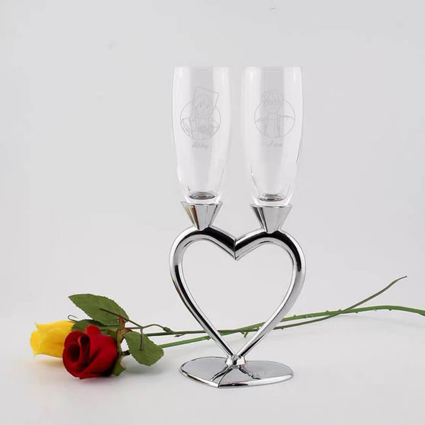 【Metal Base Wine Glasses】訂製雕刻香檳對杯（客製化）愛心香檳杯 情侶禮物 - Design Your Own Wine