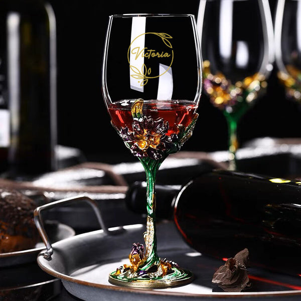 【Metal Base Wine Glasses】雕刻琺瑯彩玻璃杯（刻字禮物）客製化禮物 生日禮物 紀念禮物 - Design Your Own Wine