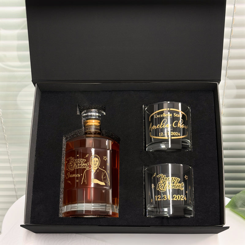 退休禮物 Whisky Gift Set|人像雕刻 客製化嚮Japanese Harmony威士忌&Bottega威士忌杯套裝 紀念禮物 高端祝賀 DY04-286