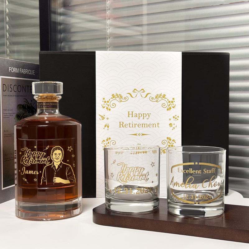 退休禮物 Whisky Gift Set|人像雕刻 客製化嚮Japanese Harmony威士忌&Bottega威士忌杯套裝 紀念禮物 高端祝賀 DY04-286
