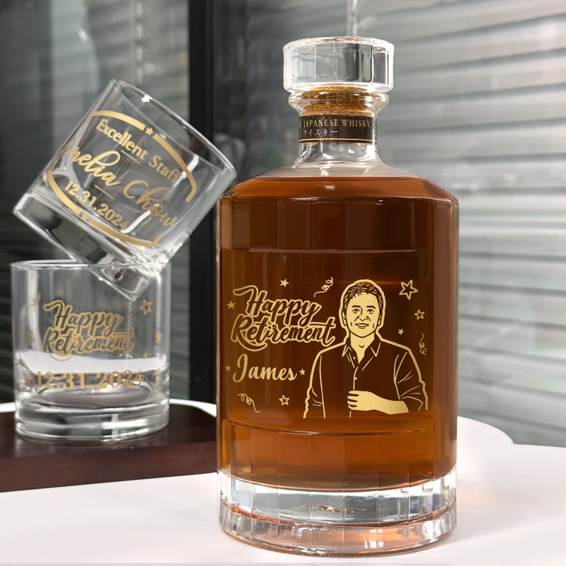 退休禮物 Whisky Gift Set|人像雕刻 客製化嚮Japanese Harmony威士忌&Bottega威士忌杯套裝 紀念禮物 高端祝賀 DY04-286
