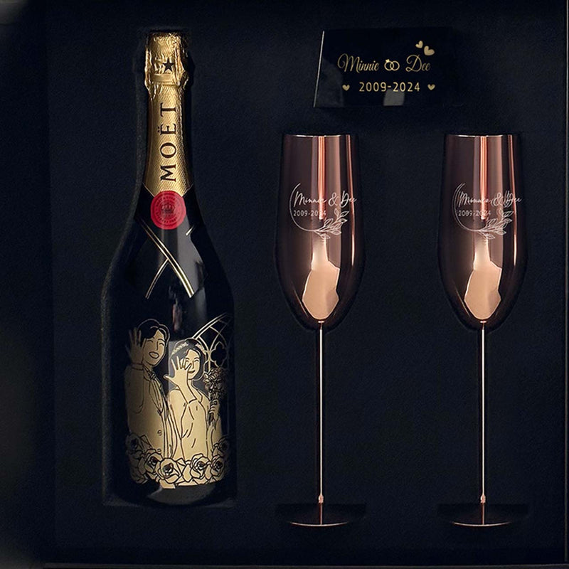 Moët Chandon酒瓶人像訂製 紀念日祝賀香檳圖稿雕刻 情侶夫妻週年禮物 香檳杯姓名雕刻Moët Chandon gift set -DY01-376