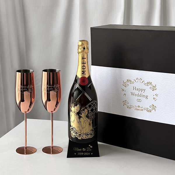 Moët Chandon酒瓶人像訂製 紀念日祝賀香檳圖稿雕刻 情侶夫妻週年禮物 香檳杯姓名雕刻Moët Chandon gift set -DY01-376