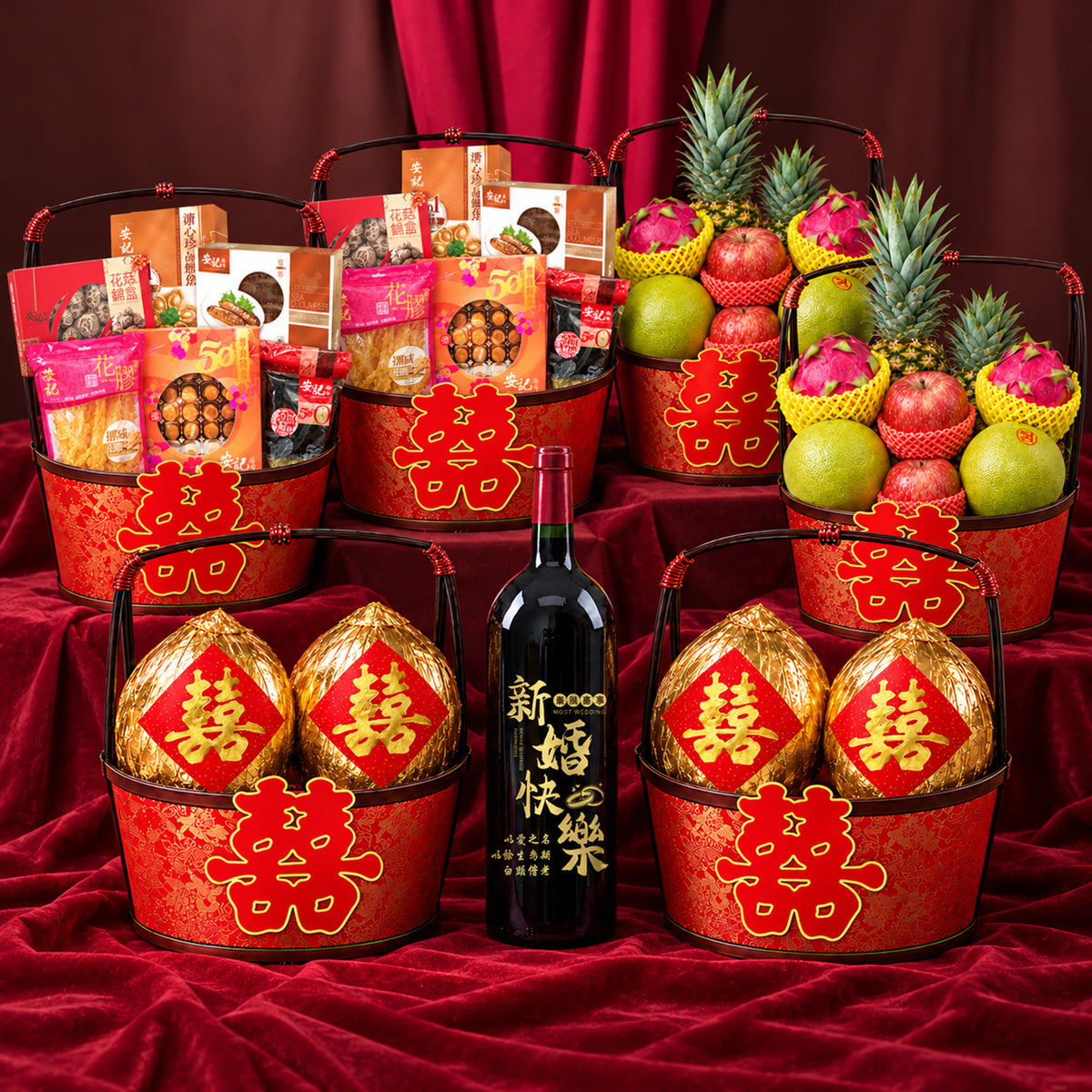【送1.5L訂製紅酒】中式過大禮套裝禮籃| 過大禮一站式必備 六式六籃禮品 六六大順 傳統送禮 Chinese Betrothal Gift Fruit Hamper - Design Your Own Wine