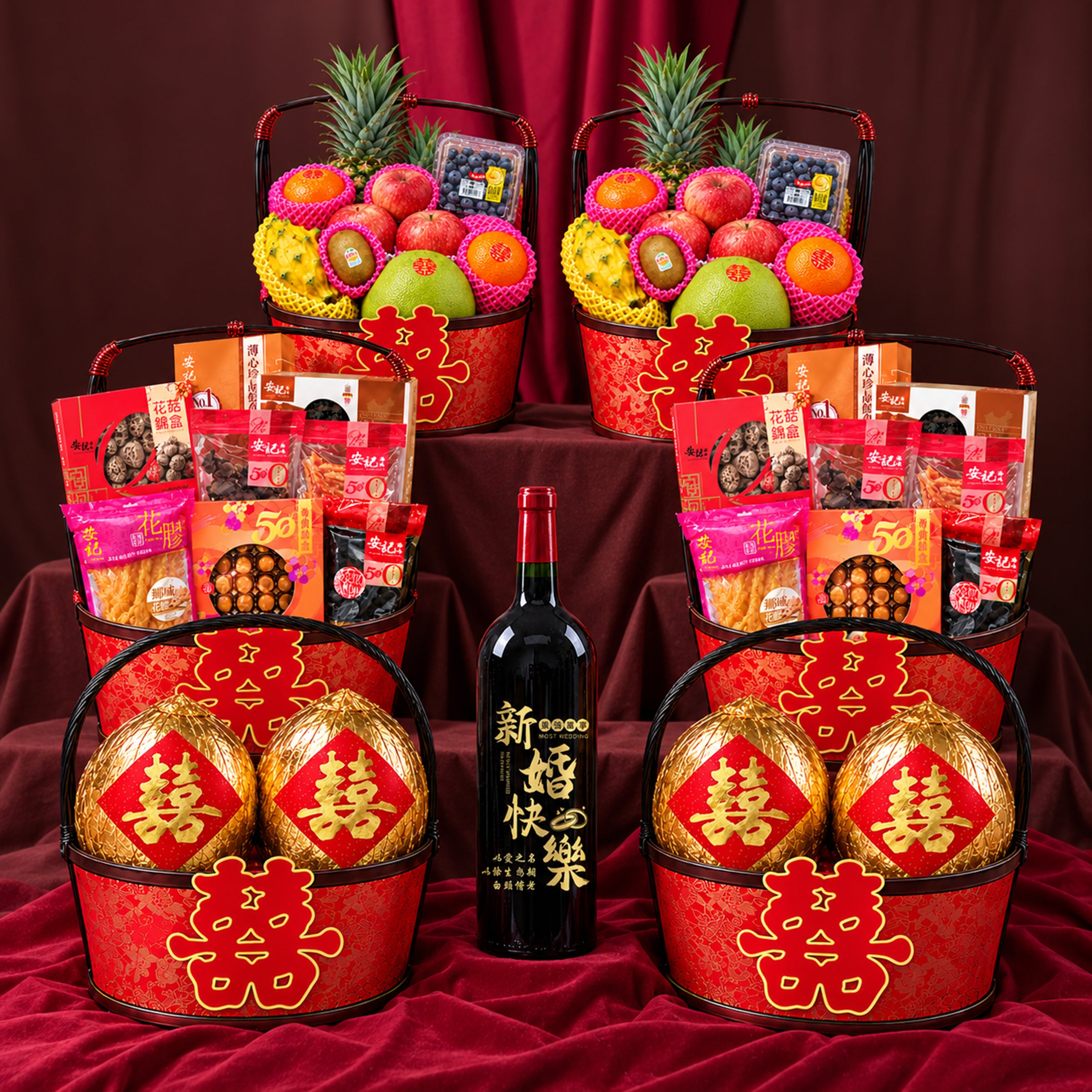【送1.5L訂製紅酒】過大禮一站式必備| 中式過大禮套裝禮籃 八式六籃禮品 傳統送禮 Chinese Betrothal Gift Fruit Hamper - Design Your Own Wine