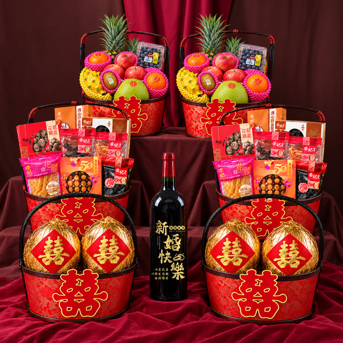 【送1.5L訂製紅酒】過大禮一站式必備| 中式過大禮套裝禮籃 八式六籃禮品 傳統送禮 Chinese Betrothal Gift Fruit Hamper - Design Your Own Wine