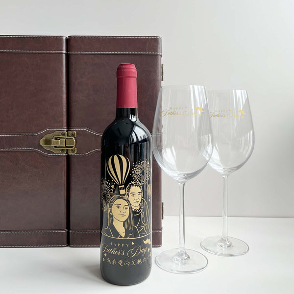 【父親節推介】定製雕刻父親節紅酒套裝禮物（單只雙杯）精致皮盒套裝 客製化禮物 - Design Your Own Wine