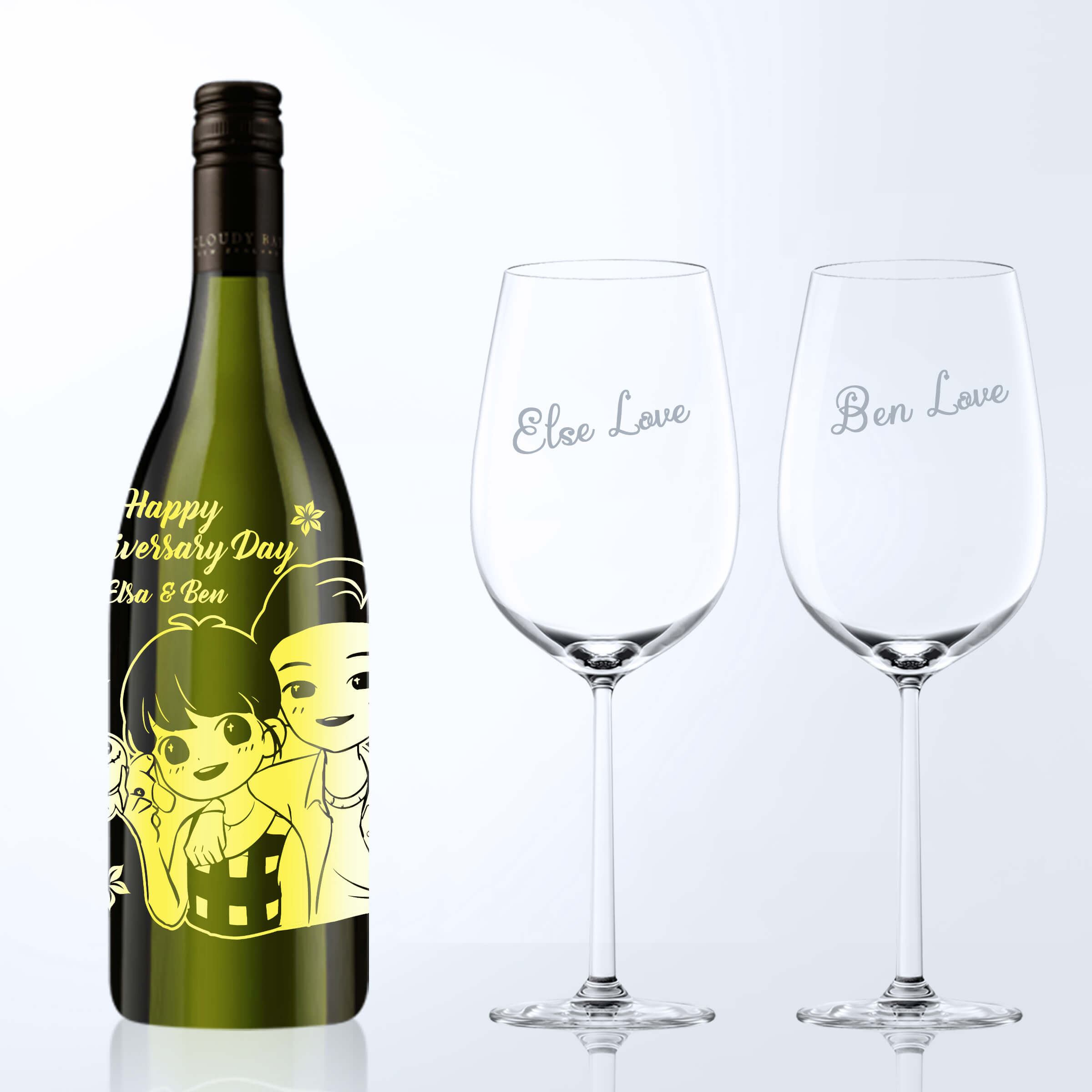 Cloudy Bay Sauvignon Blanc & Bottega Wine Glasses Gift Set with Engraving |雲霧之灣白蘇維濃葡萄酒&Bottega酒杯套裝（含名字人像雕刻） - Design Your Own Wine