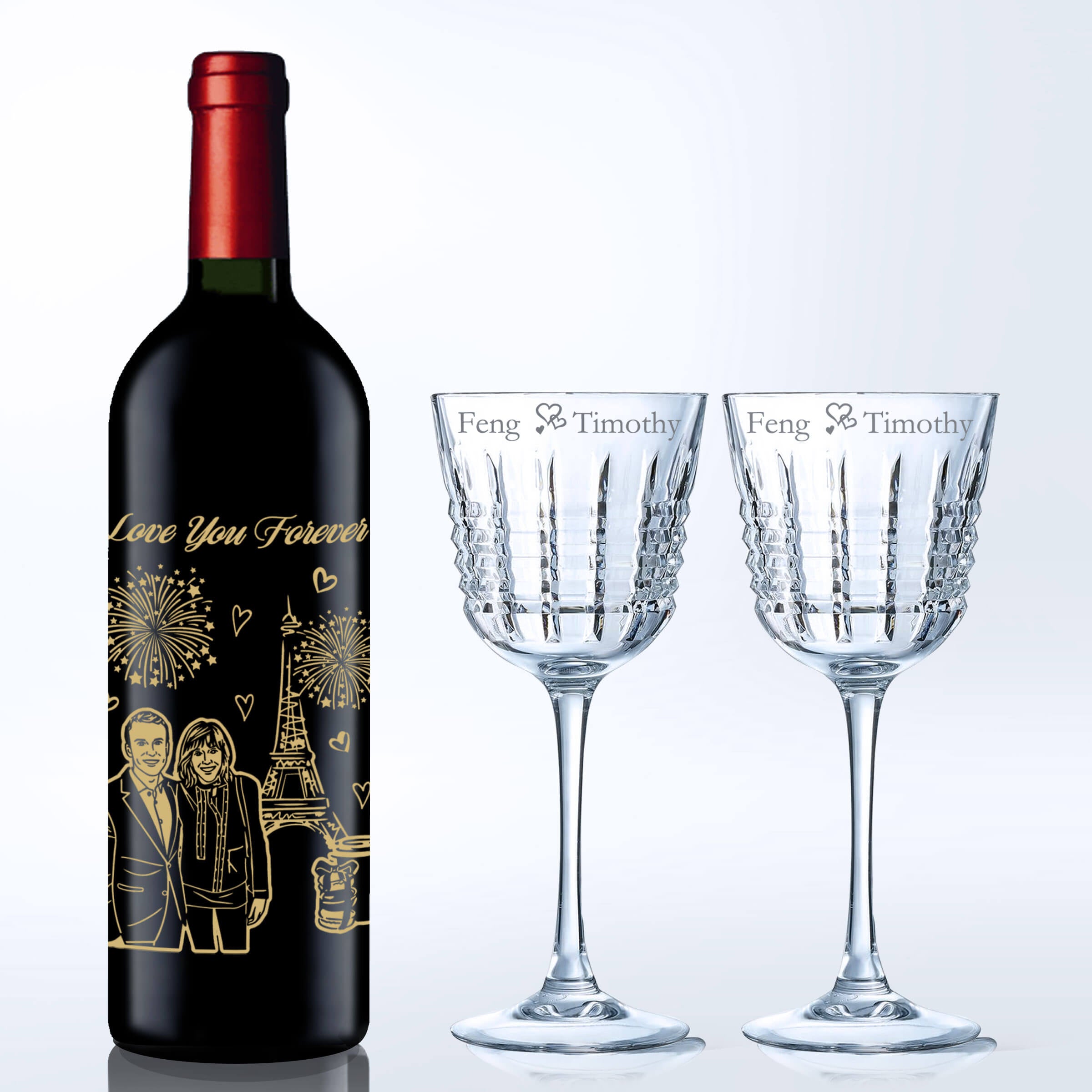 Cristal D'arques-Rendez-Vous Wine Glasses & Chateau Bonnet Red with Engraving| | 甜蜜之約系列紅酒杯與勃納城堡幹紅套裝（含名字人像雕刻） - Design Your Own Wine
