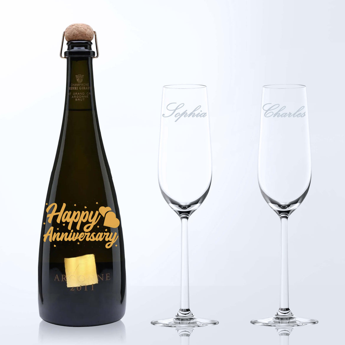 Henri Giraud Argonne rose 2011& Bottega Champagne Glasses Gift Set with Engraving |亨利吉羅2011年份橡木桶陳釀桃紅香檳&Bottega香檳杯套裝(含文字雕刻） - Design Your Own Wine