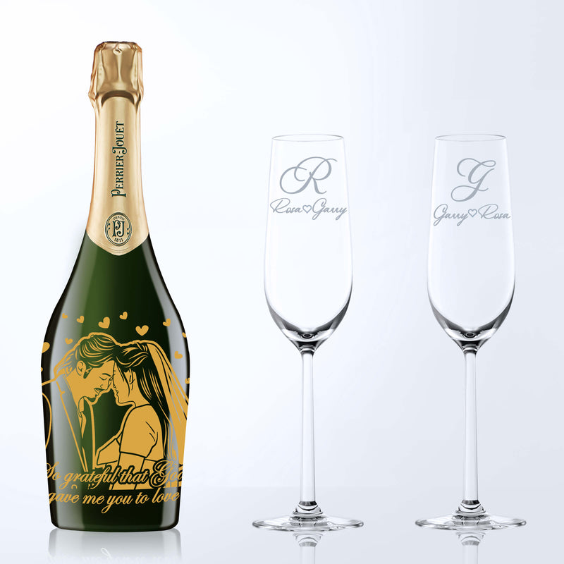 Perrier-Jouët Grand Brut & Bottega Champagne Glasses Gift Set with Engraving |巴黎之花Grand Brut香檳&Bottega香檳杯套裝(含名字人像雕刻） - Design Your Own Wine