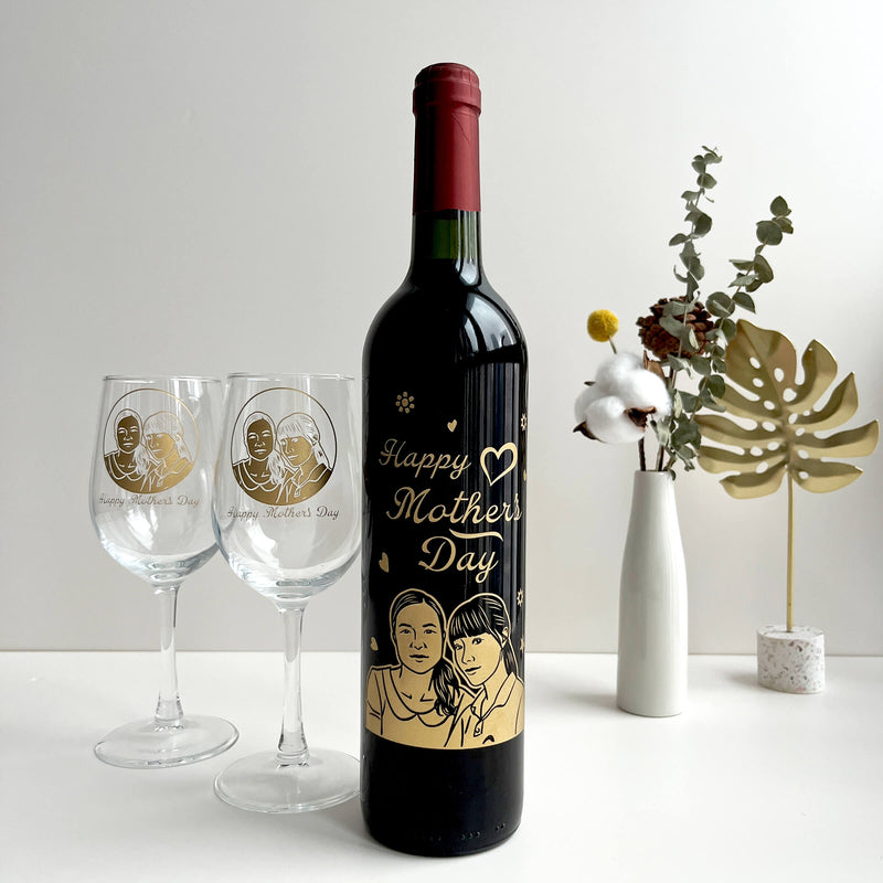 母親節|訂製人像雕刻紅酒套裝 （單只雙杯）客製化禮物 媽媽的禮物 - Design Your Own Wine