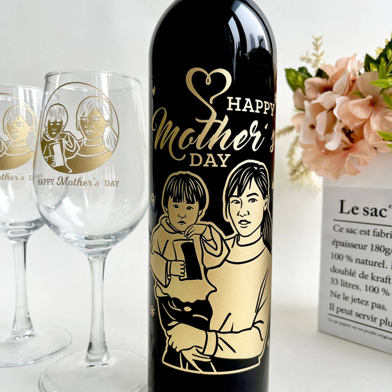 母親節|訂製人像雕刻紅酒套裝 （單只雙杯）客製化禮物 媽媽的禮物 - Design Your Own Wine