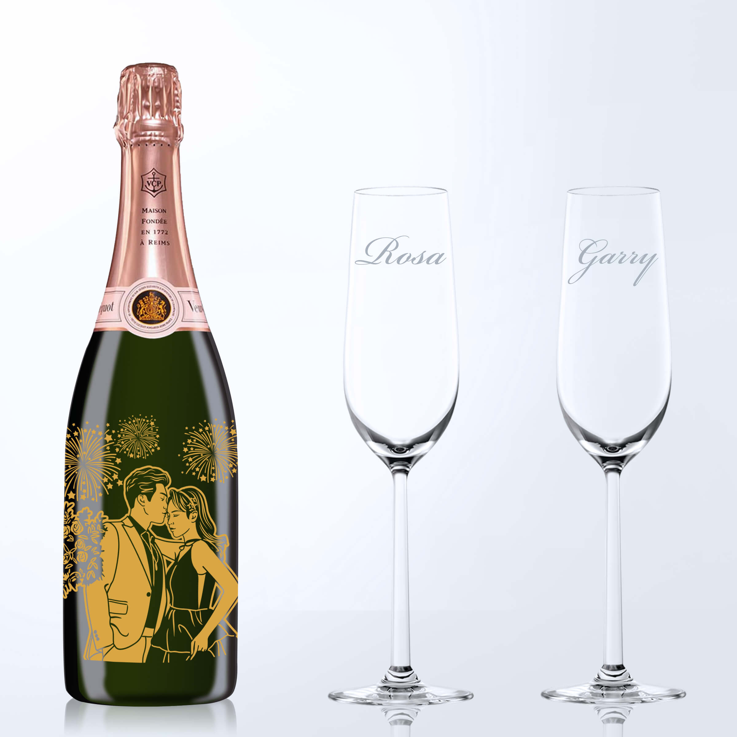Veuve Clicquot Brut Rosé & Bottega Champagne Glasses Gift Set with Engraving |凱哥玫瑰香檳&Bottega香檳杯套裝(含名字人像雕刻） - Design Your Own Wine